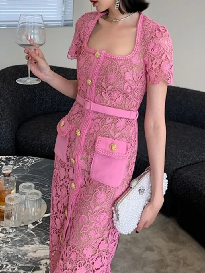 SMTHMA French Vintage Pink Lace Square Neck Gold Button Lace Hollow Out Dress For Women Small Fragrance Summer Dress Vestidos - AliExpress 200000345 SMTHMA French Vintage Pink Lace Square Neck Gold Button Lace Hollow Out Dress For Women Small Fragrance Summer Dress Vestidos - AliExpress 200000345