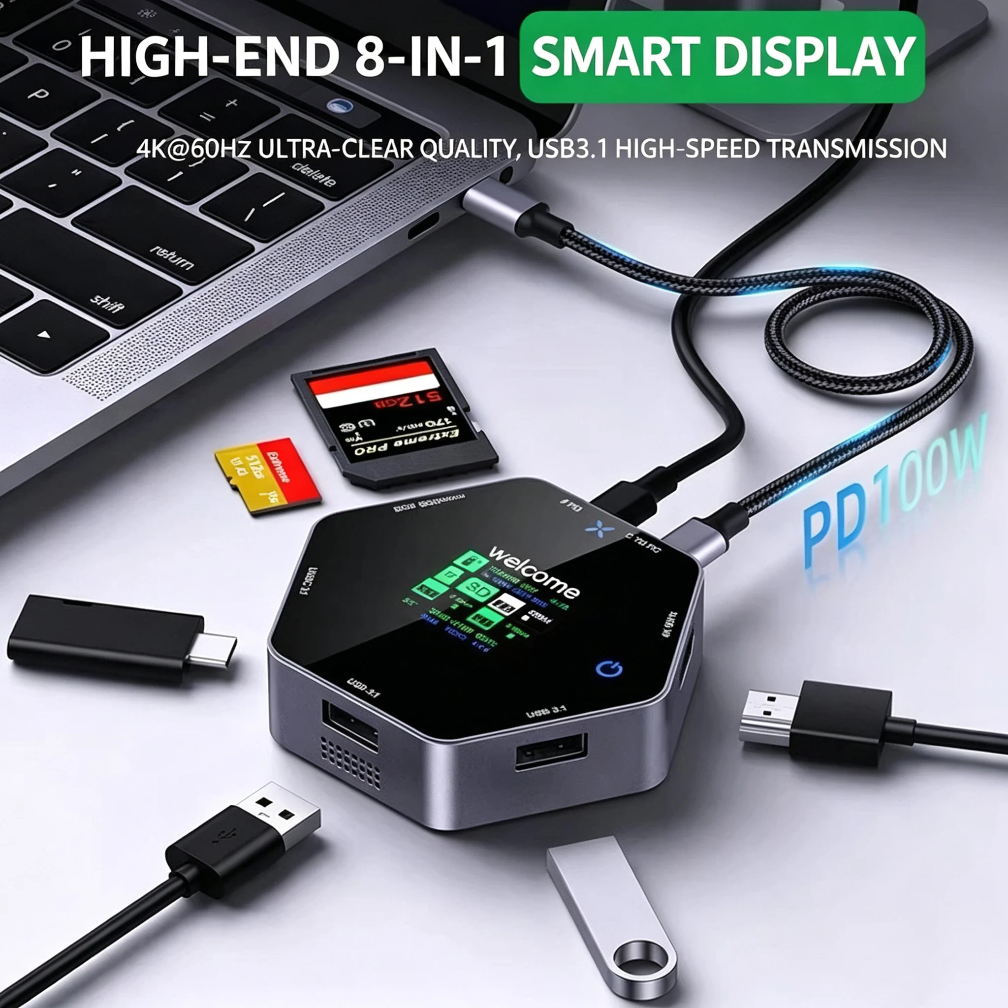 USB HUB Docking Station Type-C Smart Display 4K 60 HDTV 8 in 1 Multi Port Hub Splitter PD Charging USB Extender