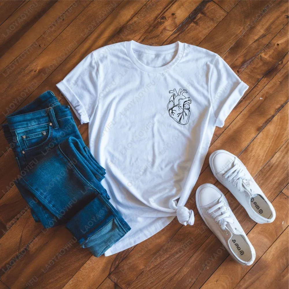 Line Art Heart Graphic Printed T-shirt Funny Minimalism Style Casual Fashion Loose Harajuku Hip Hop Punk Women Man Streetwear