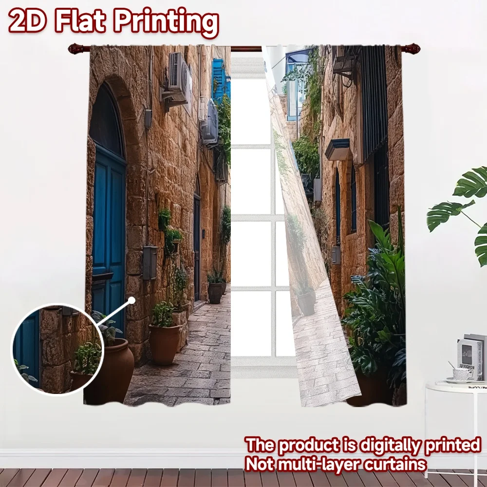 2D flat 2pcs Curtain Vintage drapes and curtains Stone Alley Blue Windows Digitally printed polyester, colorfast Birthday Party