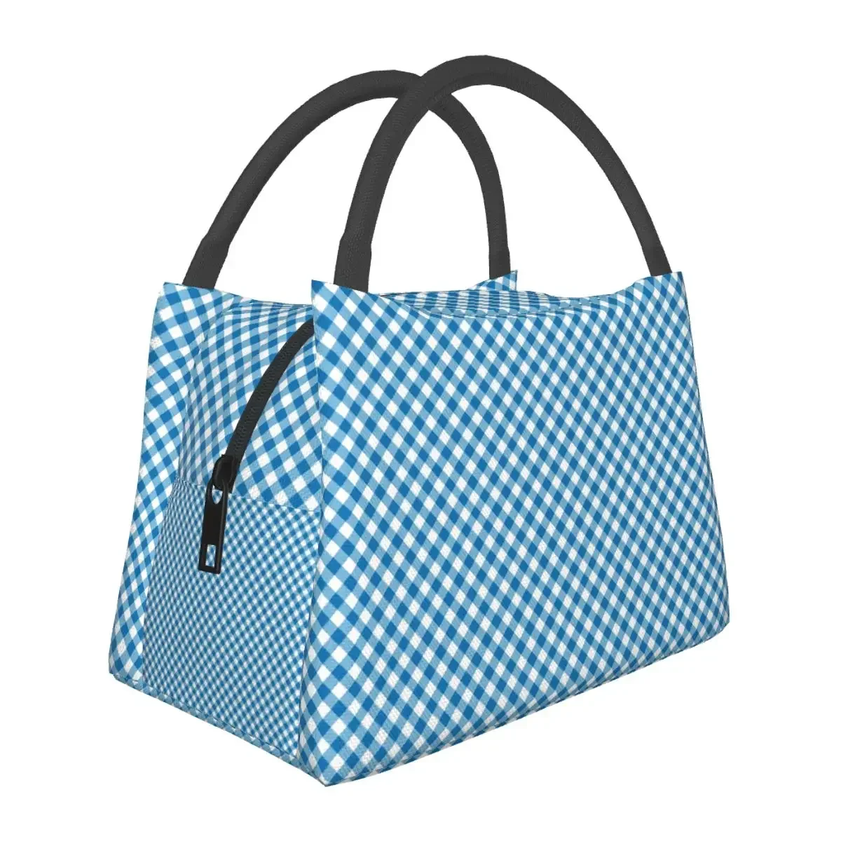 

Gingham Print Lunch Bag Blue Check Fun Lunch Box Picnic Portable Insulated Thermal Tote Handbags Graphic Cooler Bag
