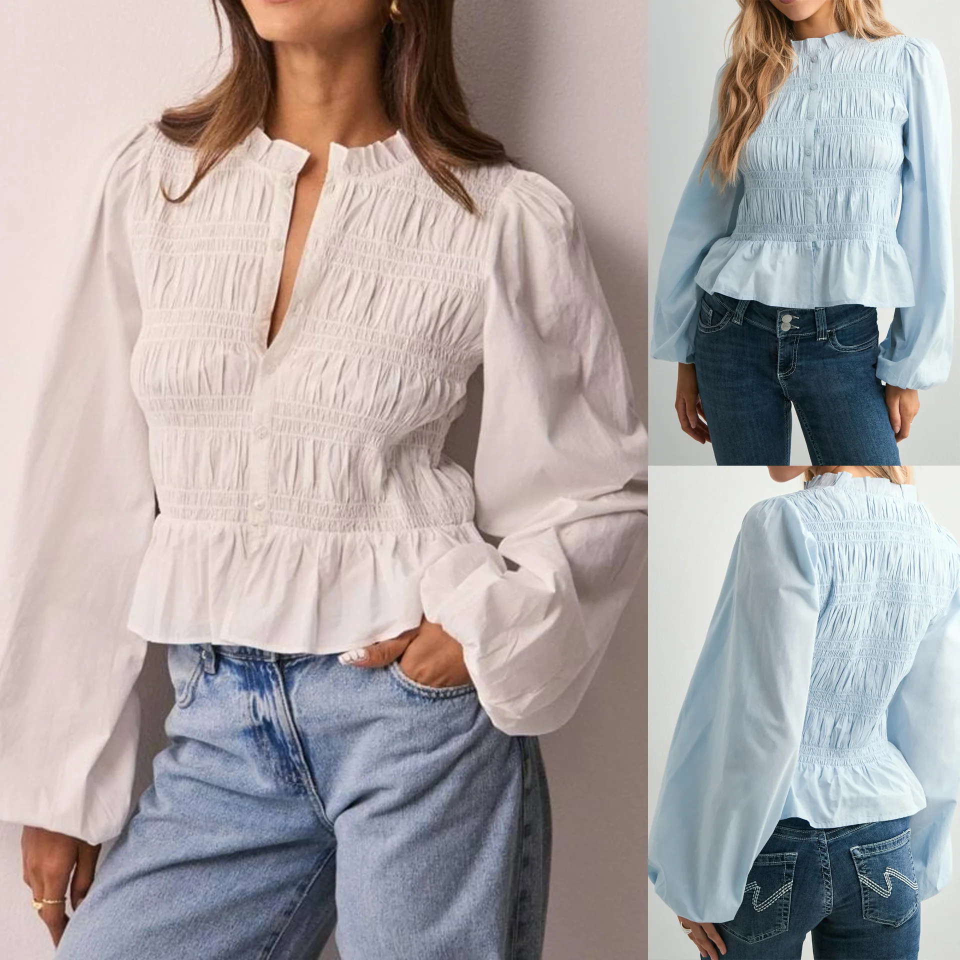 Camicia cardigan slim fit con bottoni versatili casual tinta unita da donna con top con maniche a sbuffo