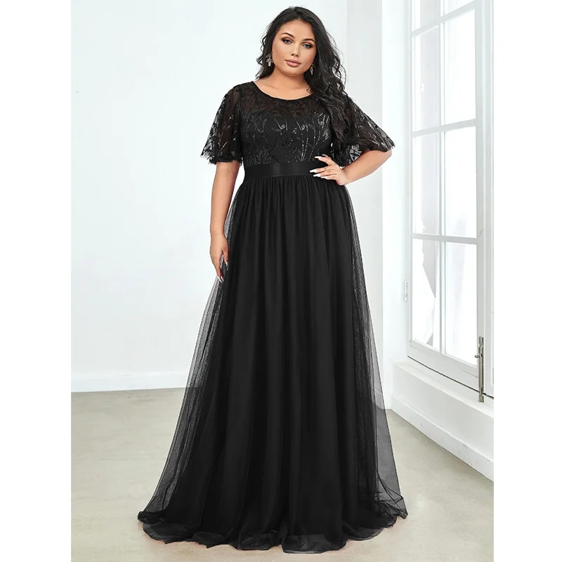 

Plus Size Black Round Neck Embroidered Mesh Wedding Dress 4XL 5XL Elegant Maxi Luxury Party Plus Size Dresses Big Size Women