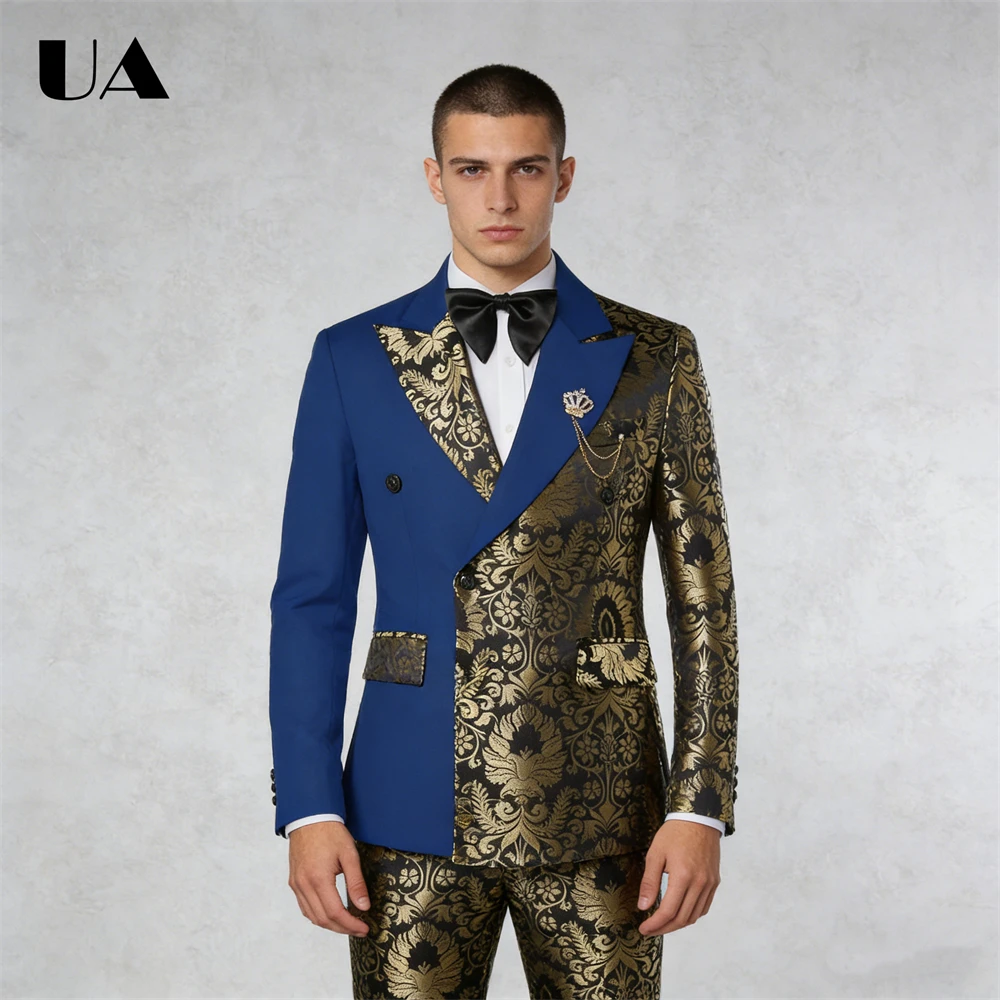 Gold Paisley 2-Piece Suit Set Double Breasted Suit Jacket Pants Stage Costume Tuxedo Plus Size Men's Formal Tuxedo