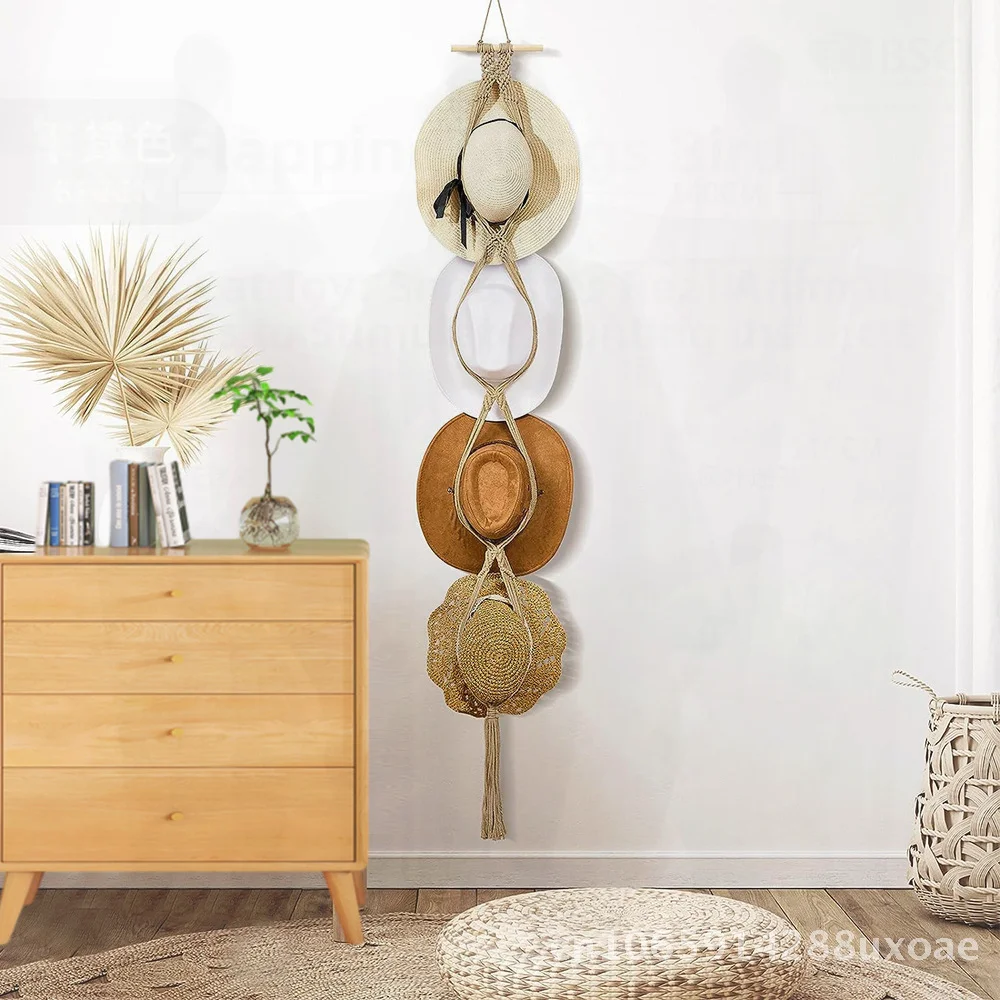 

Bohemian Woven Cotton Tapestry Hat Rack Handmade Wall Hanging Storage Display Living Room Decor Orange Brown Pink Various Sizes