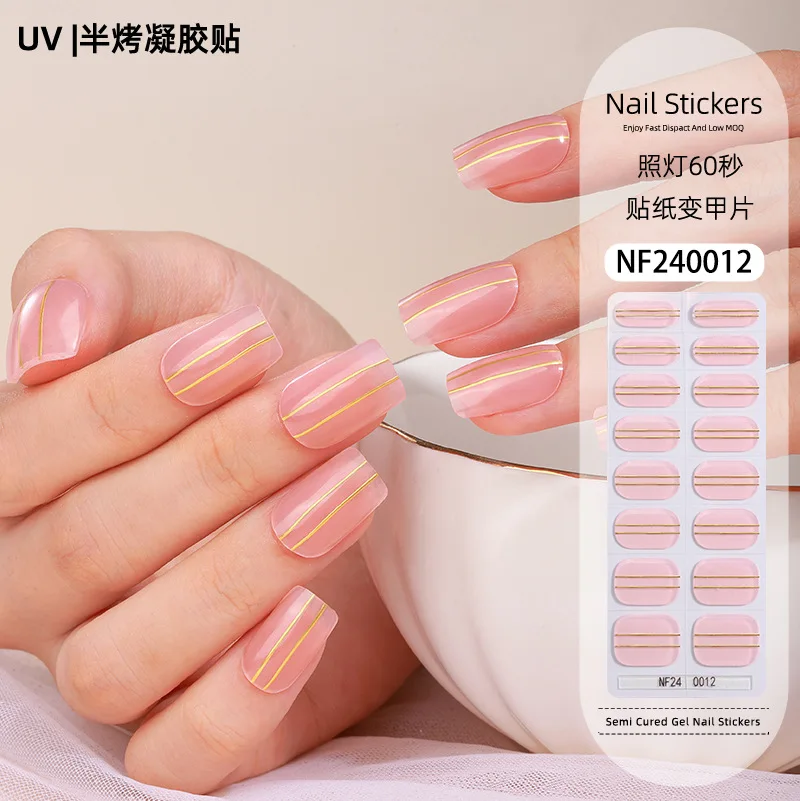 16Tips UV Semi Cured Gel Nail Strips French Tip Marble Gel Nail Stickers Half Roasted DIY Long-lasting Semi-Cured Gel Nail Kits