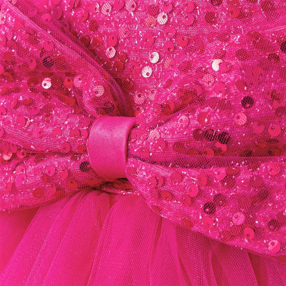 Sequin Shining Princess Gown For Girls Baby Lace Birthday Tutu Dress Toddler Girl Bow Wedding Evening Clothes Kids Hot Pink Wear