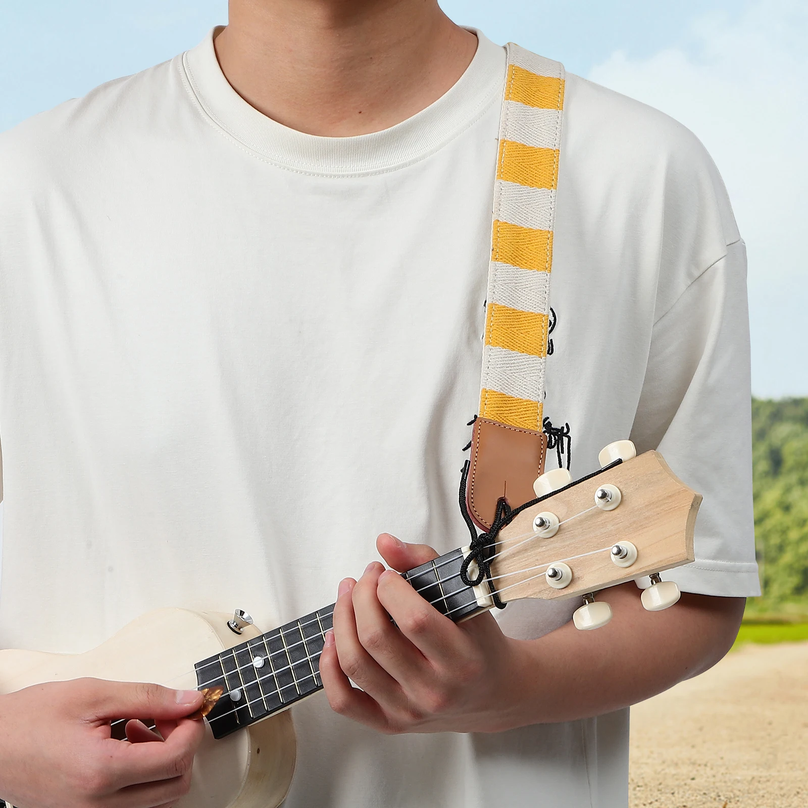 

1pcs Ukulele Strap Orange Yellow Checkered End Pin No Drill Adjustable Cotton Shoulder for Adults Musical Accessories