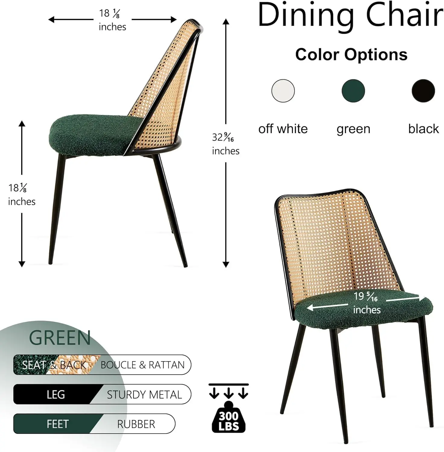 #Modern Rattan Dining Chairs Set of 2, Cane Back Dining Room Chairs, Green Boucle Upholstered Armless Kitchen Chairs, Customized