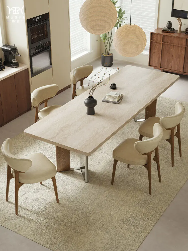 

Medieval restaurant Bauhaus high-end travertine dining table designer modern simple small apartment hanging solid wood dining ta