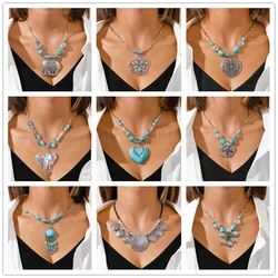 Aihua Bohemia Turquoise Stone Necklace for Women Chokers Collier Femme Handmade Ethnic Pendants Necklaces Statement Jewelry