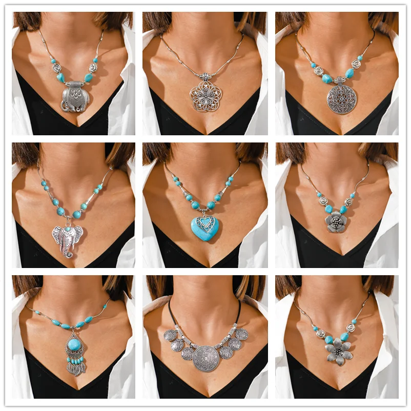 Aihua Bohemia turkusowy kamień naszyjnik dla kobiet Chokers Collier Femme ręcznie robione etniczne wisiorki naszyjniki oświadczenie biżuteria