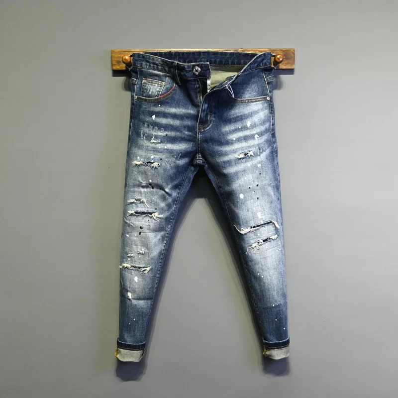 

2025 spring new men's jeans retro piercing patch slimming small foot fashion street trendy denim pants