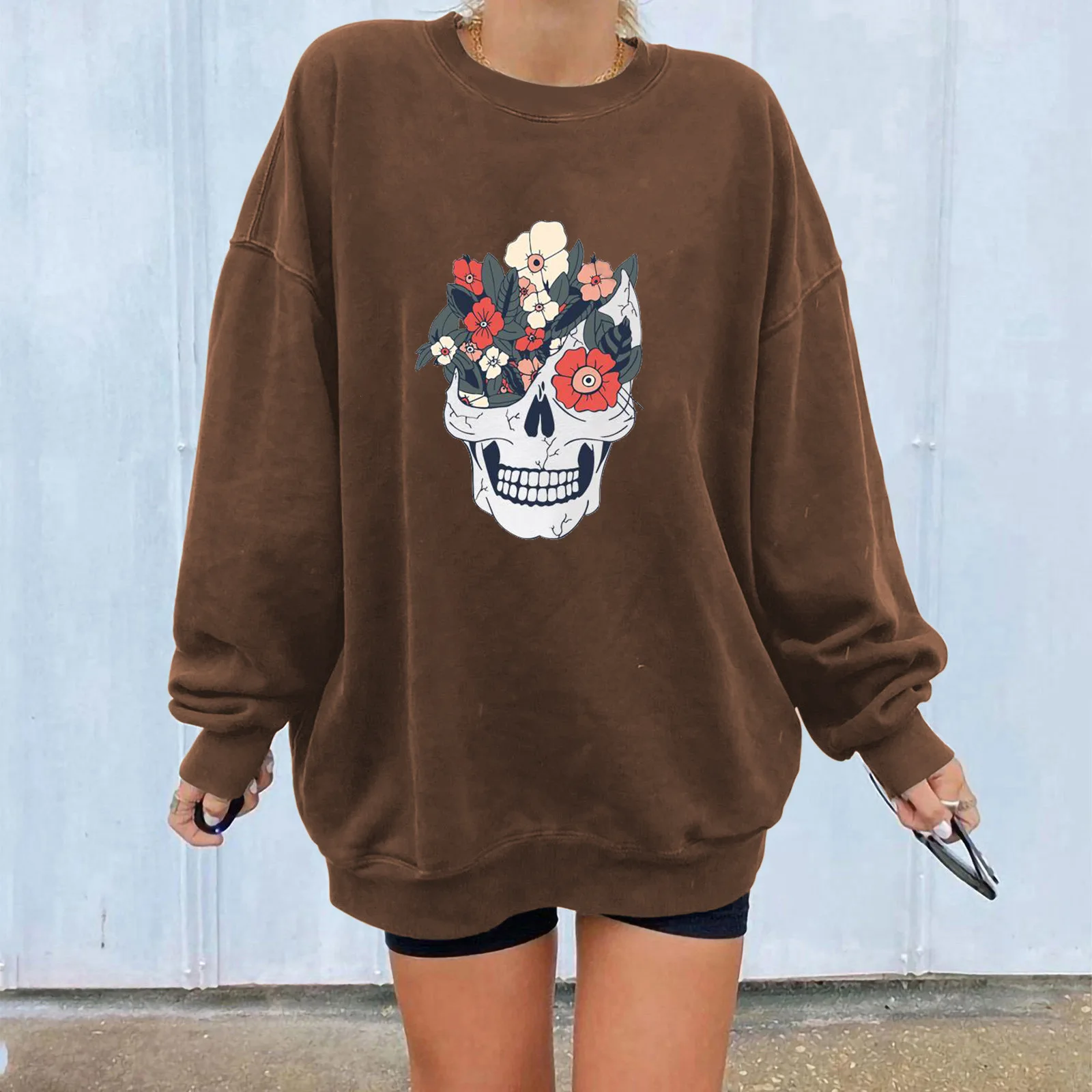 Fall Fashion Loose Women's Fashion Halloween Skull Flower Print Off Shoulder New Sweater