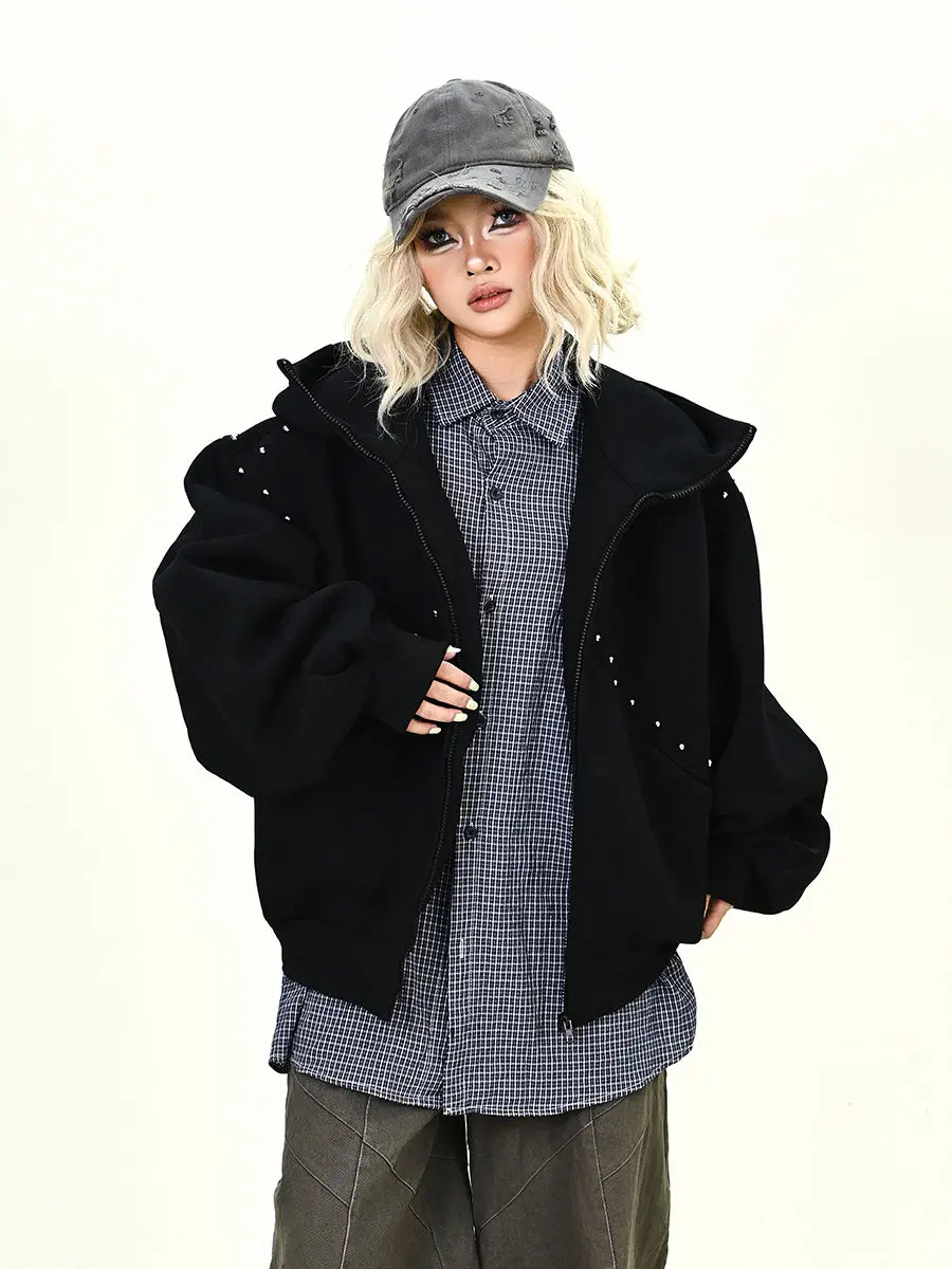 أسود الصفصاف مسمار أرنب الأذن هوديي سترة المرأة فاسق الخريف جديد فضفاض Y2K زمم موضة البلوز فريد الهيب هوب سترة