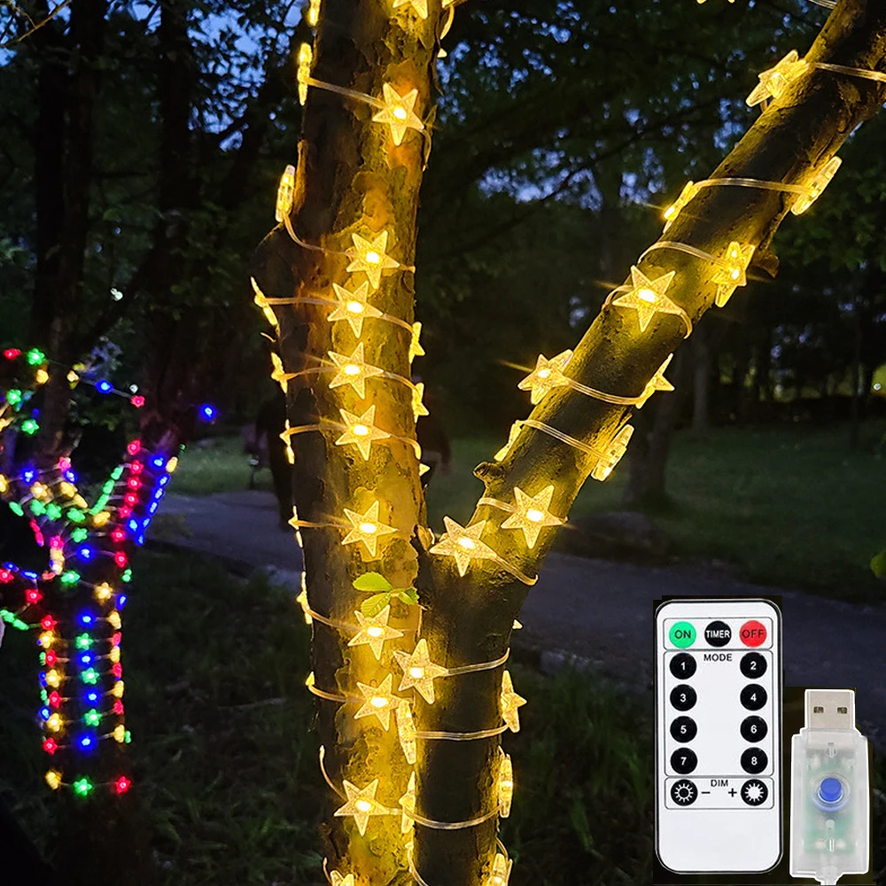 

8 Mode Christmas Stars Lights String Waterproof Outdoors Fairy Stars Garland Lights Solar/USB Powered for New Year Wedding Party