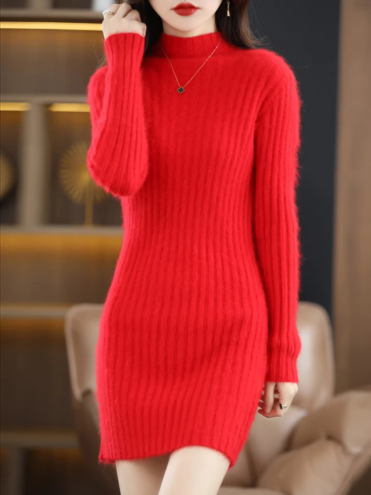 LHZSYY Autumn And Winter Women's Mink Velvet Long Skirt Pullover Drawstring Slim Half Turtleneck Ladies Knitted Warmth Top