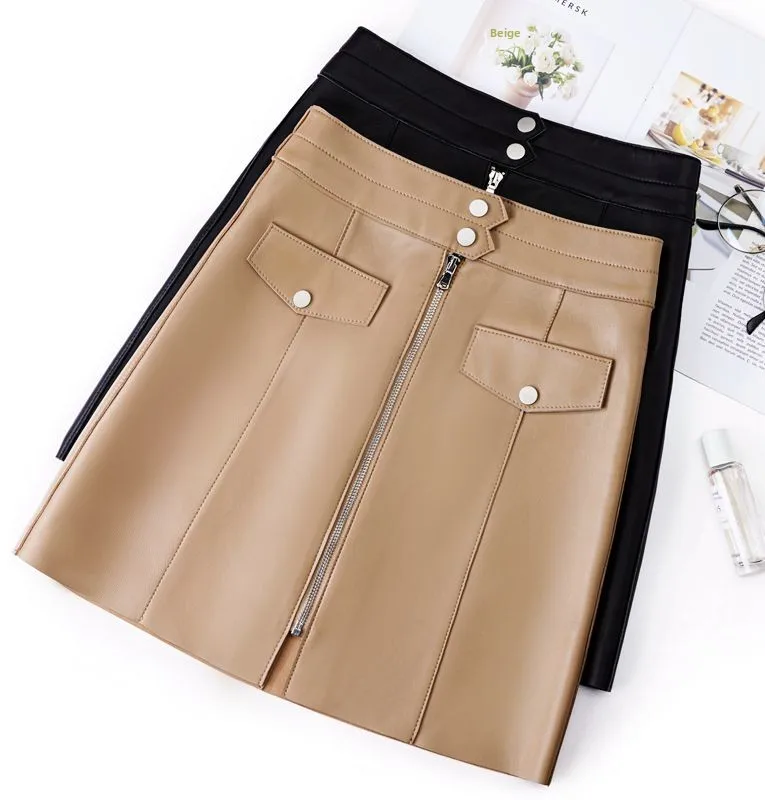 

High Waist A-Line Leather Skirt Women's Faionable ort f Body eepskin Skirt Autumn Winter New Sle Versatile Skirt