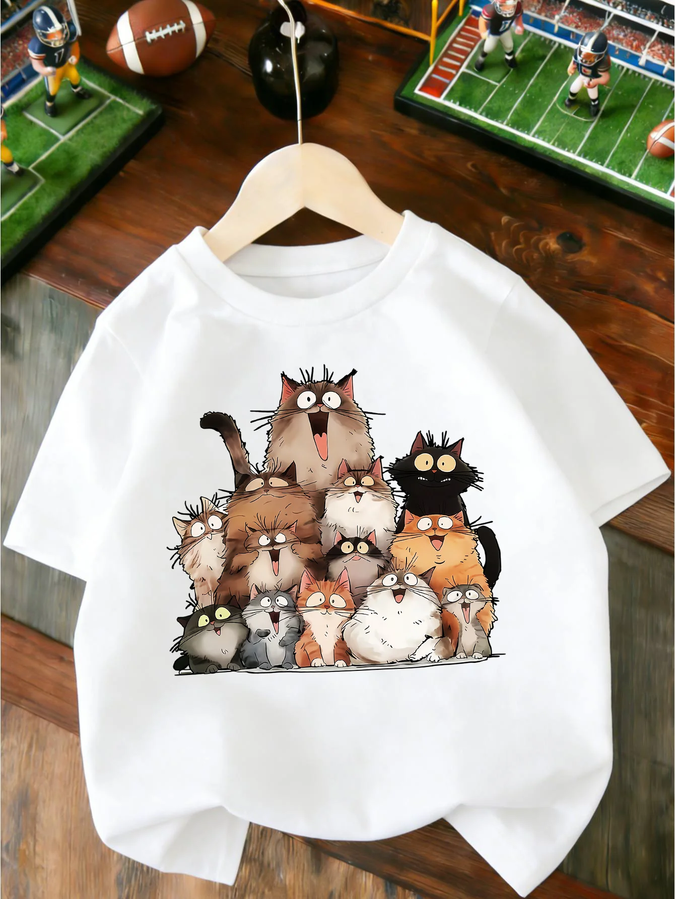 Cute Group Surprised Fluffy Cats Cartoon Print T Shirt Boys Girls Lovely Short Sleeve Tee Family Matching Soft Cotton Kids Tops
