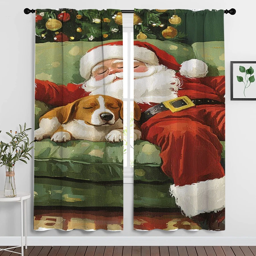 2PCS Christmas Winter Curtains, Oil Painting Santa Dog Sleeping, Digital Print, Bedroom Living Room, Home Decor Window Drapes