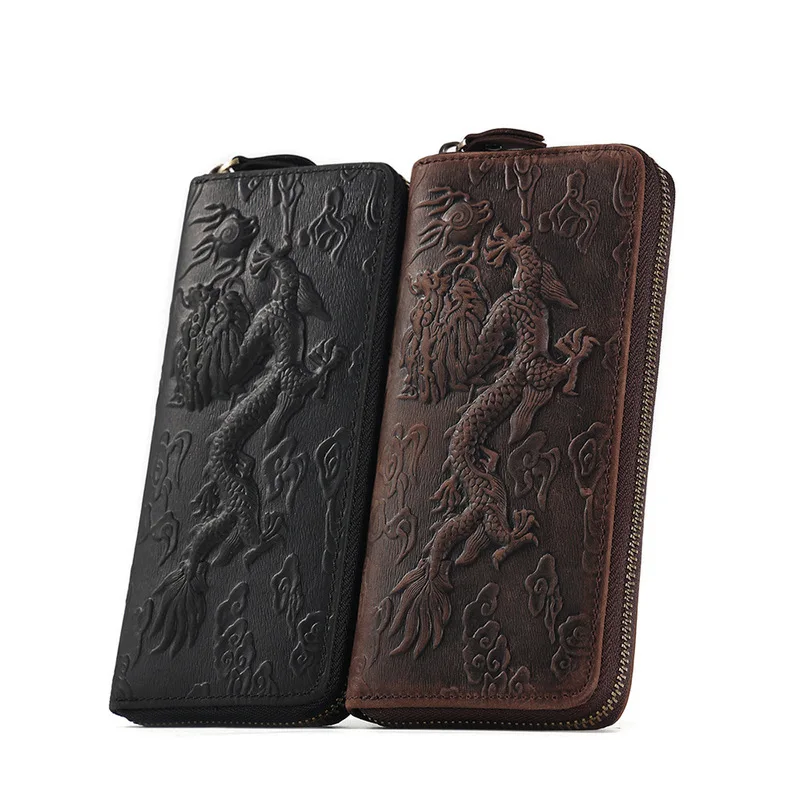 Frenzy Leather Long Wallet for Men Large Capacity Zippered Handbag - Genuine Leather Retro Style - Men's Leather Cardholder Bag