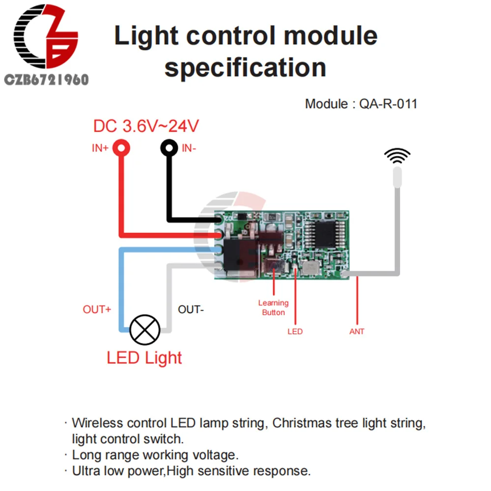 433mhz DC 3.6V 5V 9V 12V 24V 1CH Relay Wireless RF Remote Control Switch LED Lamp Controller Micro Receiver Transmitter +Antenna