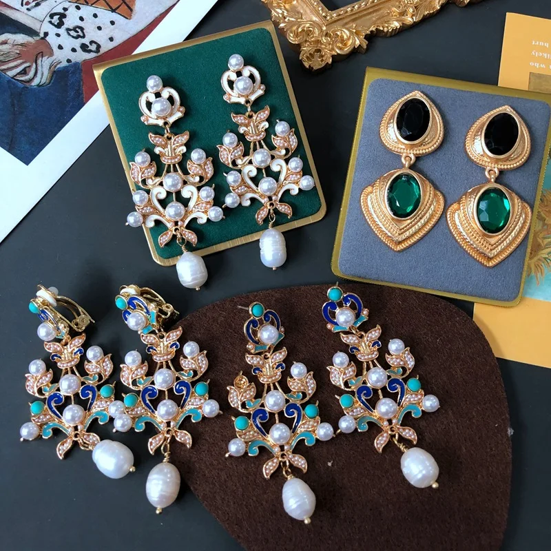 

Real Gold Plated Vintage Turquoise Enamel Beads Decor Silver Needle Freshwater Pearl Drop Earrings