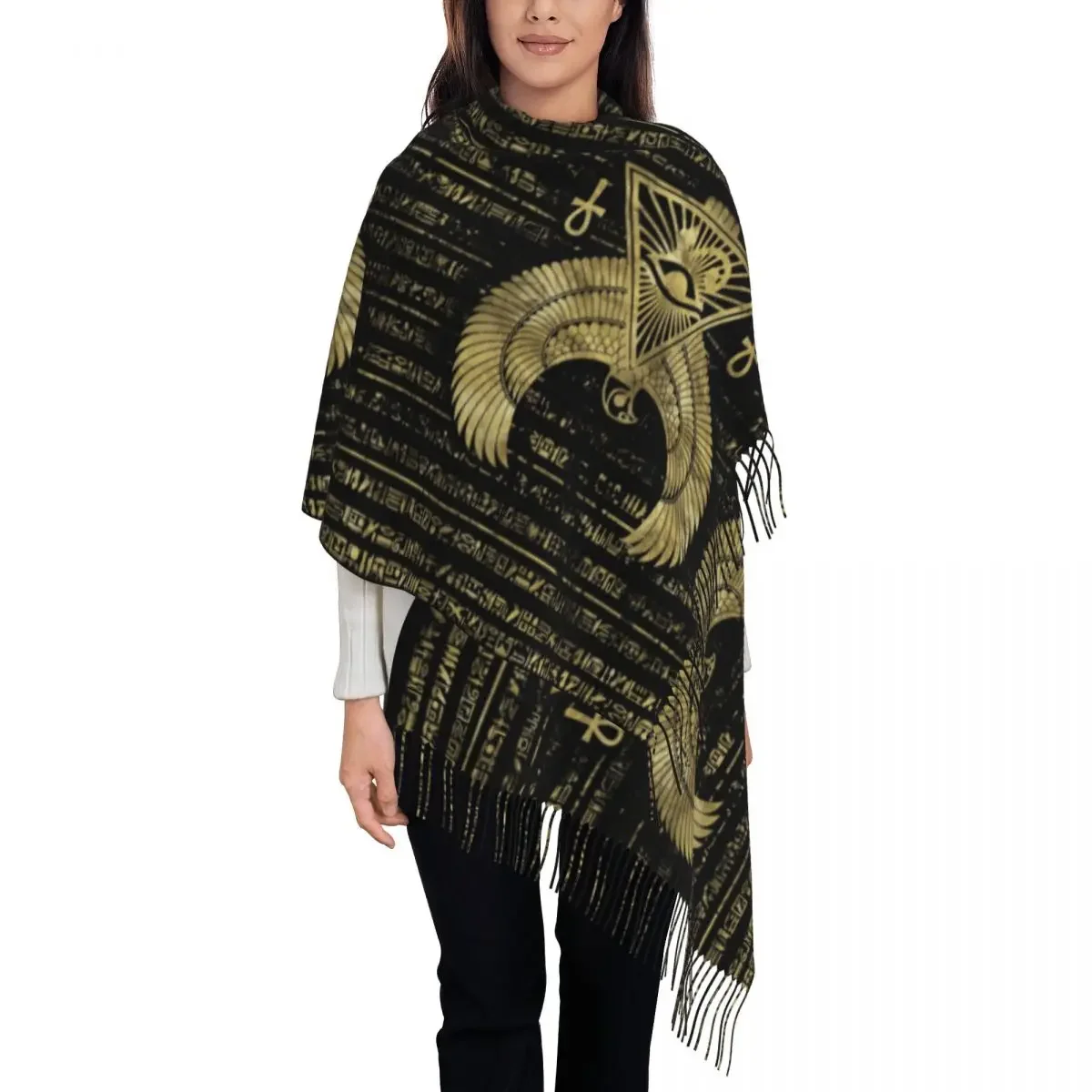 Women's Tassel Scarf Egyptian Ancient Long Winter Fall Shawl and Wrap Egypt Hieroglyphs Horus Anubis Reversible Pashmina Scarves