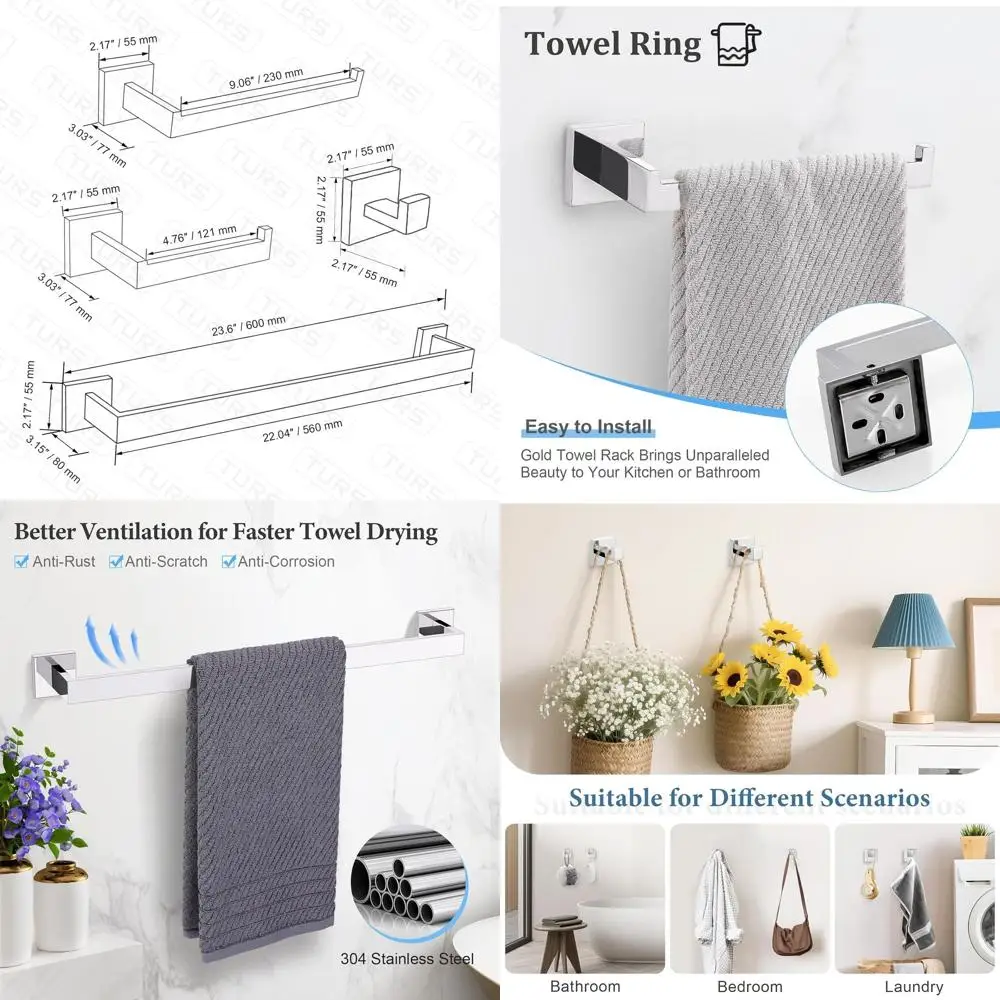 

5-Piece Stainless Steel Bathroom Hardware Set: 23.4 Towel Bar, Hand Towel Bar, Tissue Holder, 2 Hooks