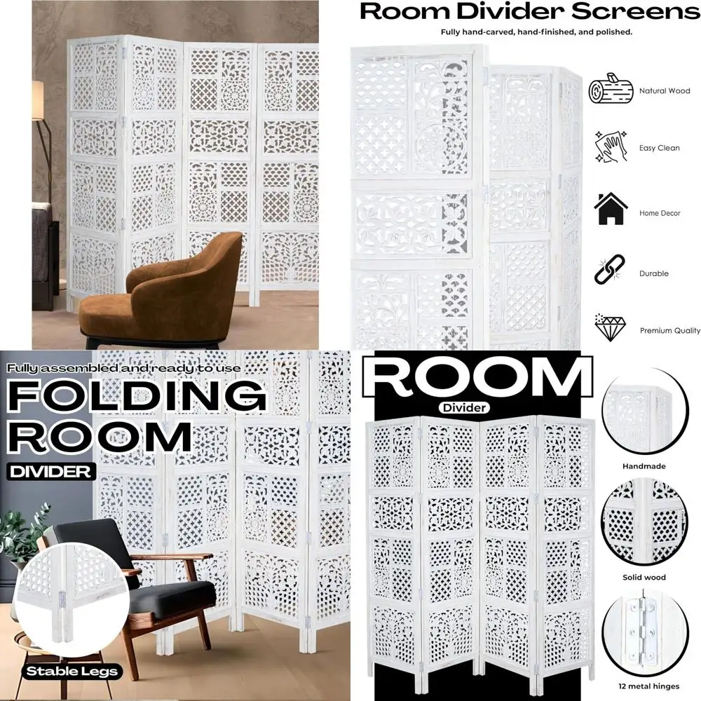 

Antique Brown 4-Panel Folding Wooden Screen, 72 x 80, Hand Carved Decorative Room Divider