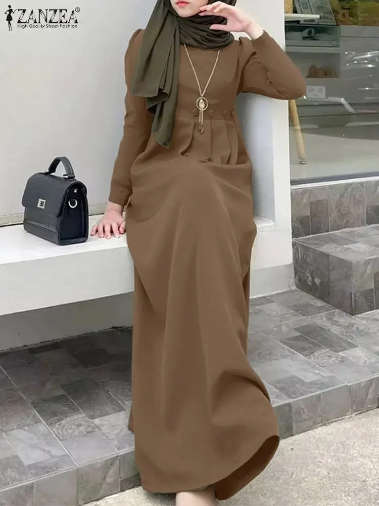 ZANZEA Women Muslim Long Dress Spring Full Sleeve O-Neck Solid Sundress Casual Loose Vestidos Elegant Robe Turkey Abaya Kaftan