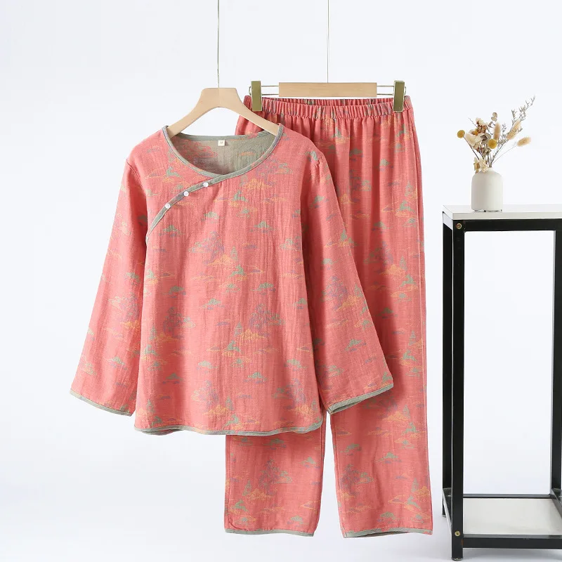 Color Woven Retro Collarless Pearl Buckle Multi Colors Fashionable Printed Long Sleeve Women's Plus Size Home Pajamas Pants Suit
