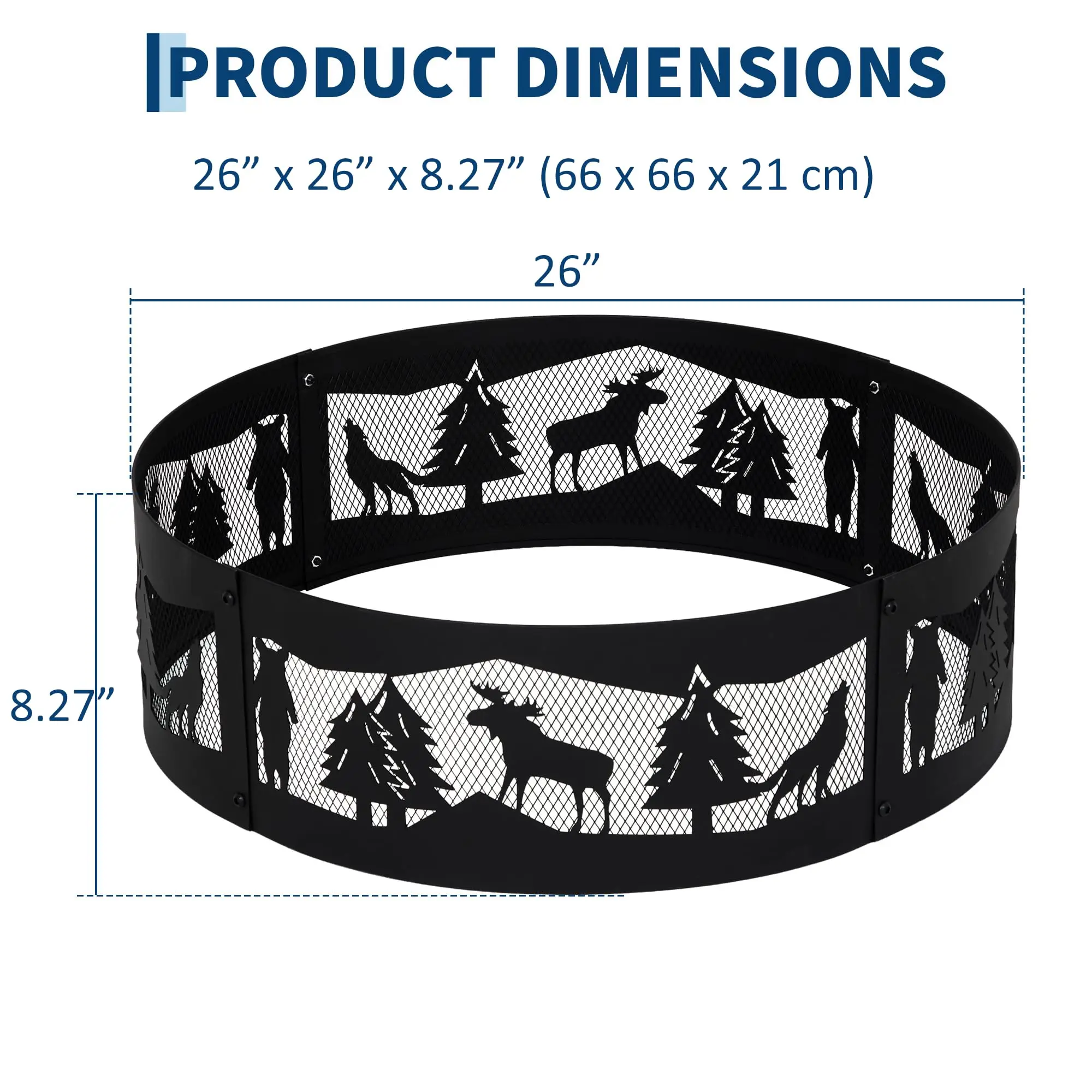 26in Steel Fire Pit Ring, Heavy Duty Wood Burning Fire Pit Insert With Deer Forest Cutouts, Airflow Mesh For Backyard Patio Camping Use