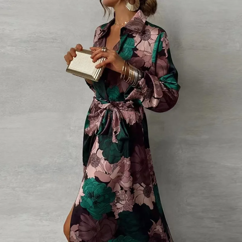 Elegant V Neck Pleated Printing Dress for Women Wedding Up Long Office Lady Outfit 2024 Spring Summer A-Line Boho Maxi Dresses