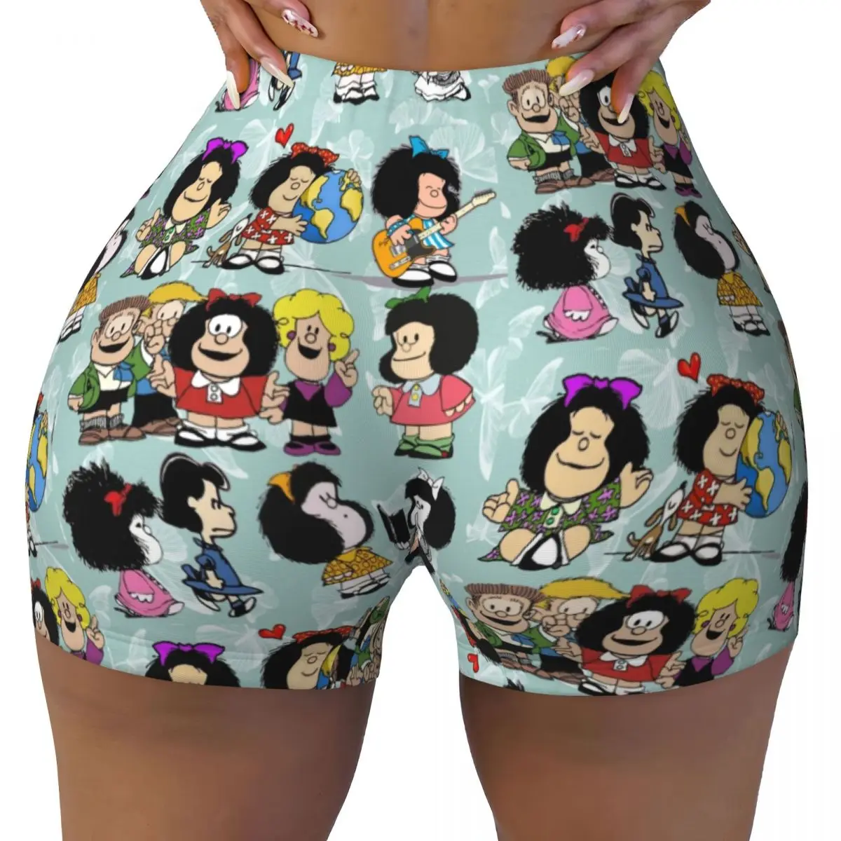 

Custom Mafalda Quino Comics Running Volleyball Gym Shorts Women's Cartoon Athletic Workout Yoga Shorts