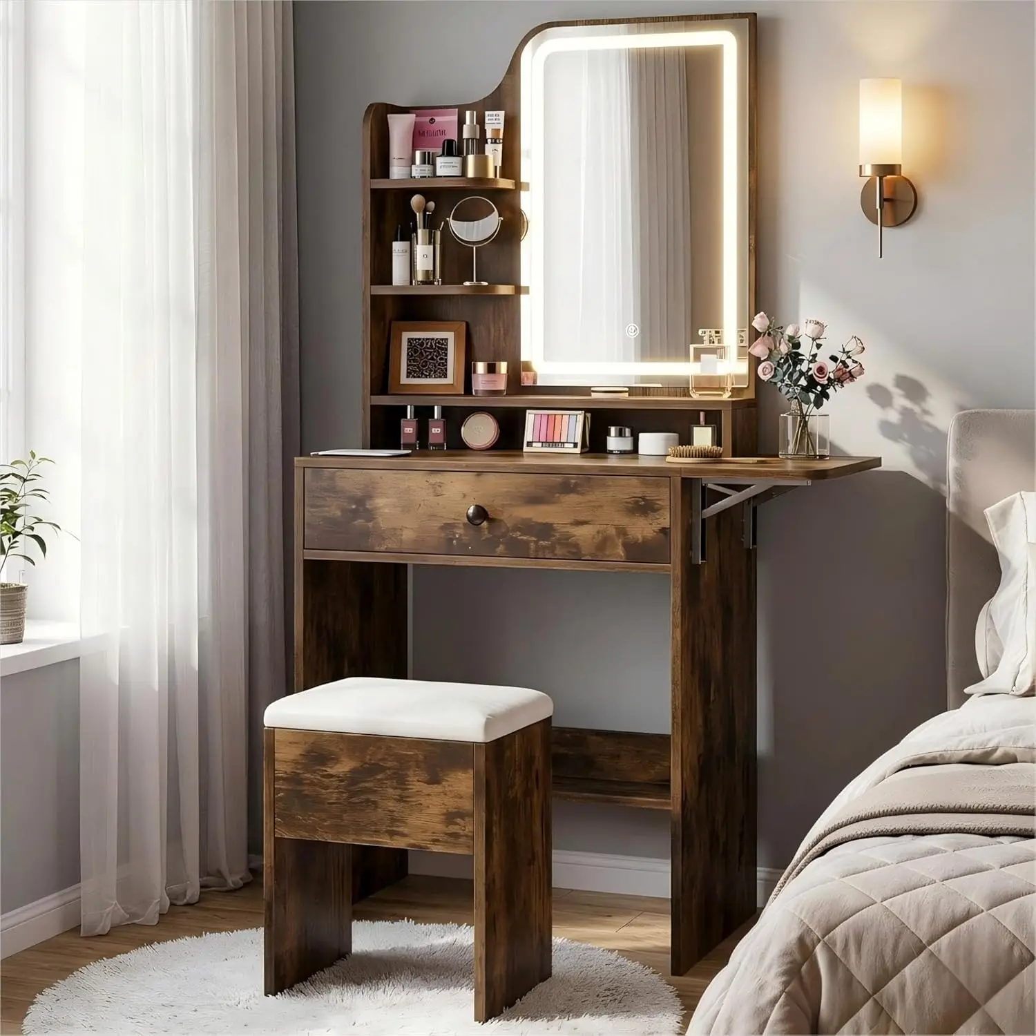 

Small Vanity Desk Mirror Lights, Makeup Table Charging Station, Storage Drawer Shelf Bedroom Vintage Brown, Customized
