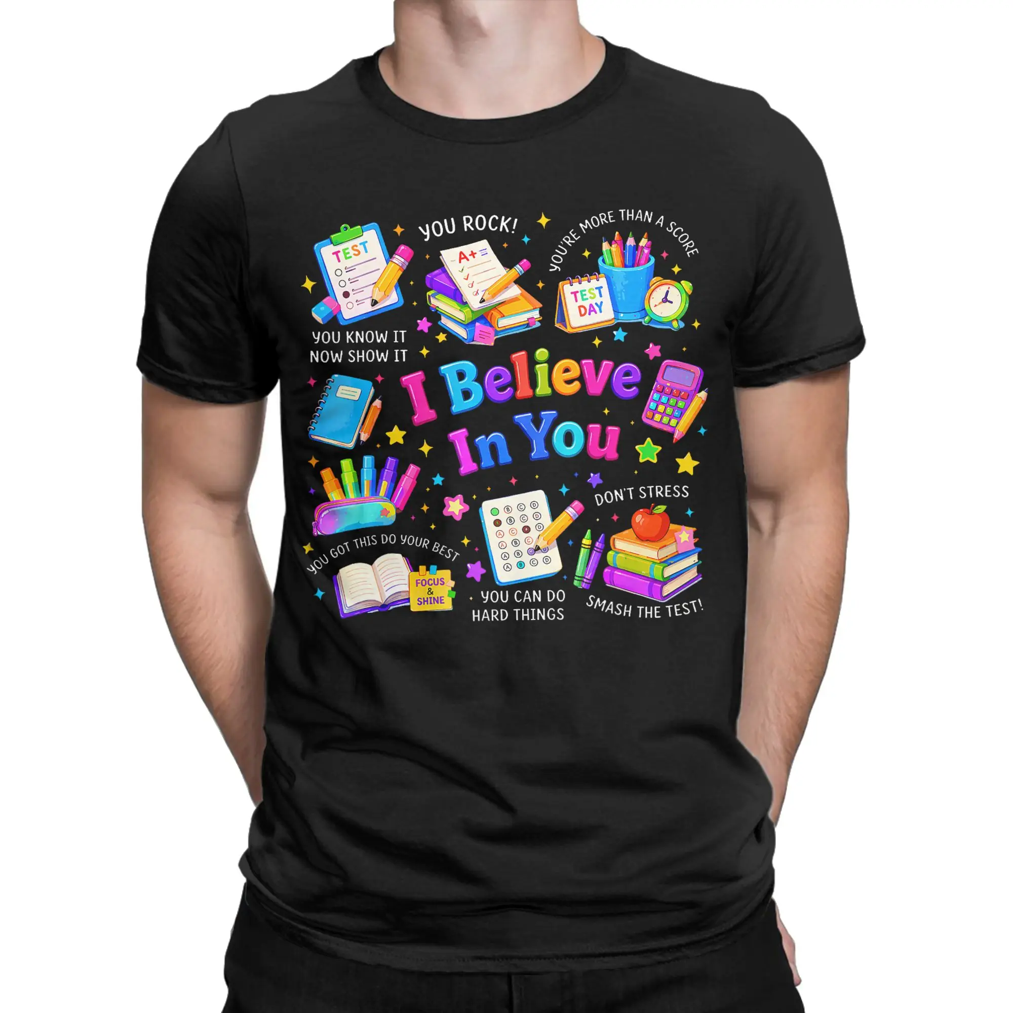 Groovy Test Day Teacher Kids I Believe in You Testing Day Funny T-Shirts Popular Tee Shirt For Mens Short-Sleeved Casual Tees