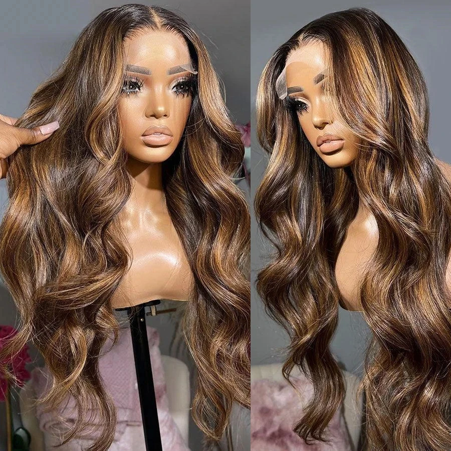 Highlight Ombre Body Wave Lace Front Wig Human Hair 13x4 13X6 4/27 Honey Blonde Lace Frontal Wigs Pre Plucked 200 Density