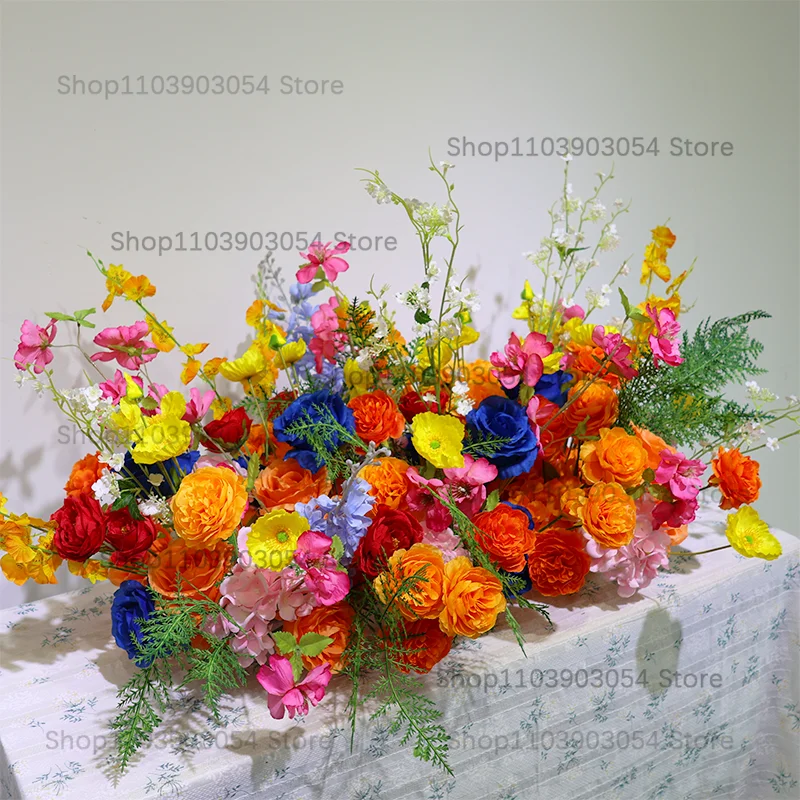 Buntes Orange-Rot-Blau-Rosa Künstliches Tischblumenarrangement Hochzeitsbankett Esstisch-Mittelstück Rosen-Mischblumenreihe – Detail 1