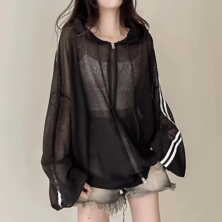 

Women Black Sunscreen Clothing Retro Loose Long Sleeve Thin Linen Jacket Fashion Ladies Outerwear Female Knitted Cardigan 2025