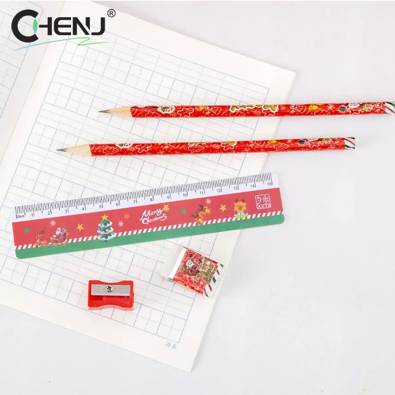 5Pcs/set Cute Christmas Stationery Set Santa Claus Pencil Ruler Pencil Sharpener Eraser School Supplies Children Prizes Gift