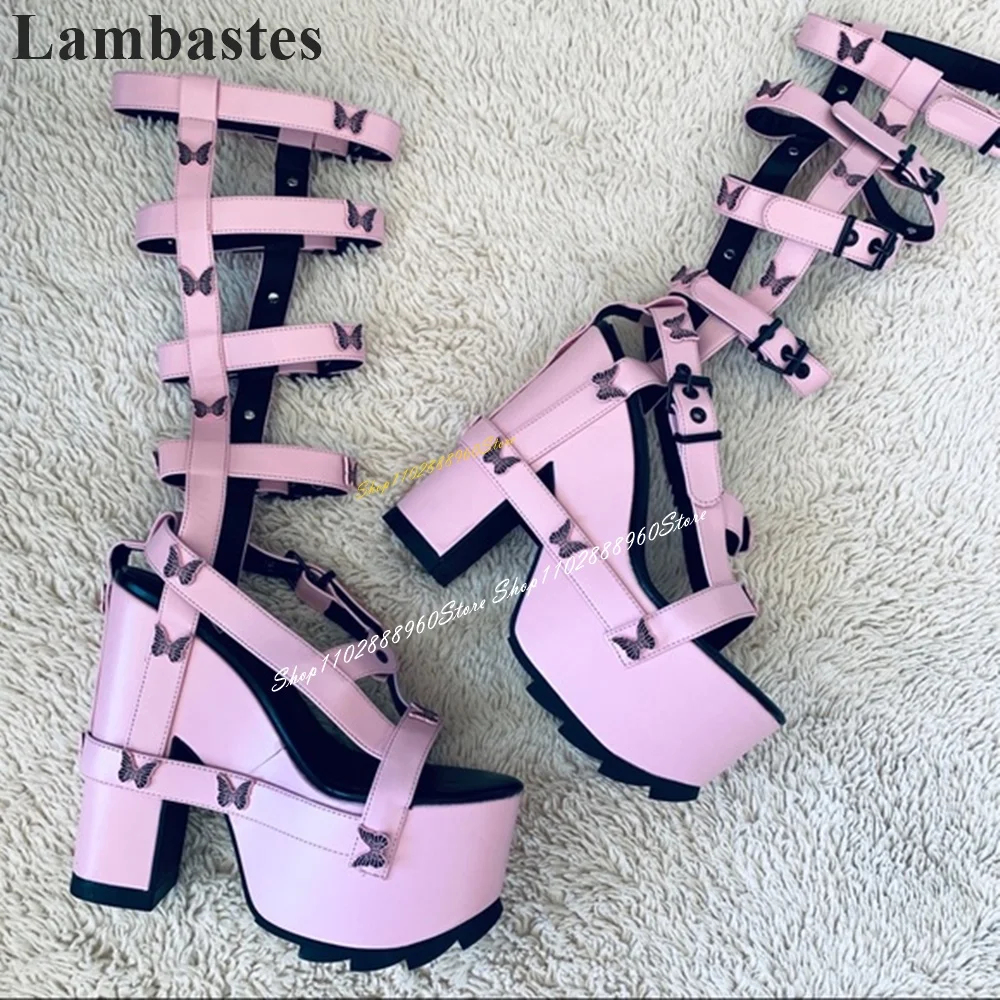 Pink Butterfly Decor Thick Soled Platform Sandals Thick Heel Shoes For Women Buckle Strap 2024 Fashionable Zapatillas Mujer