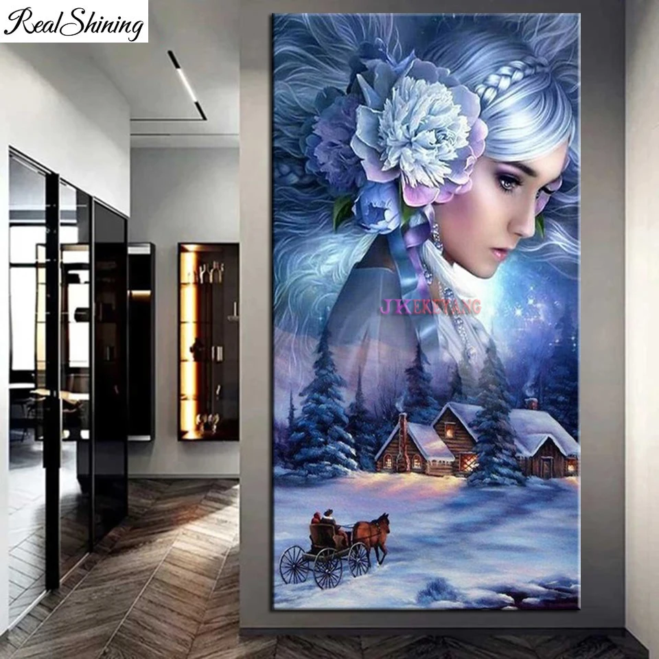 Forest Tree Landscape Woman House Diamond Painting Large Full Drill Diy 5D Mosaic Embroidery Christmas Carriage Picture Q154