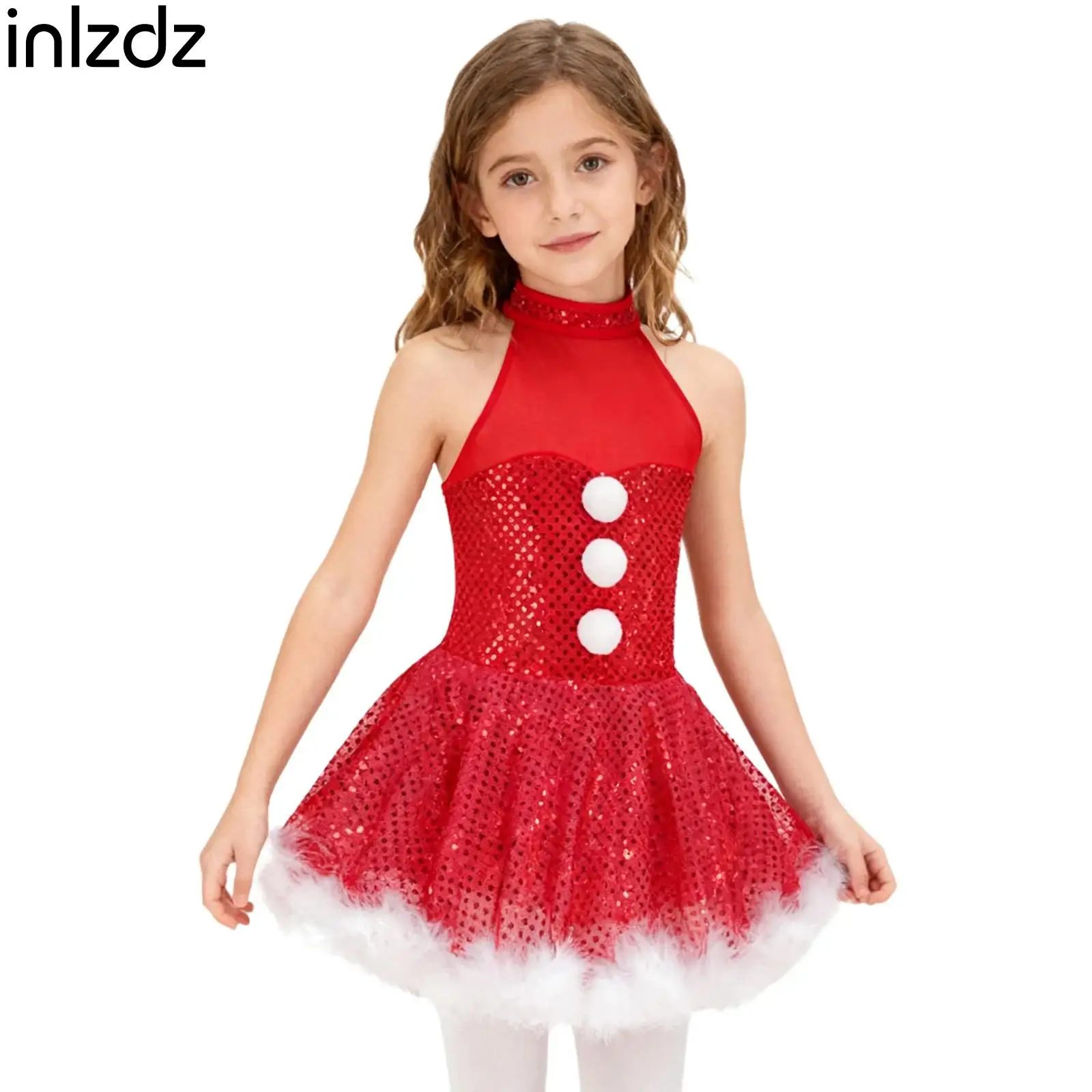 

Сетчатое платье без рукавов для девочек с клетчатой спиной и блестящими пайетками, вращающееся платье для фигурного катания на Рождество, балетный танцевальный костюм снеговика