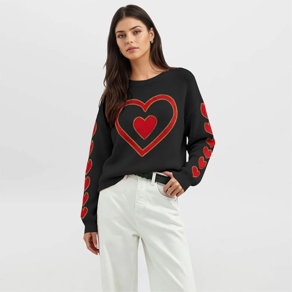 MsChuh Heart Print Crew Neck Sweater Long Sleeve Loose Women's Sweaters And Pullovers Casual Daily Autumn Winter Street Knit Top 3