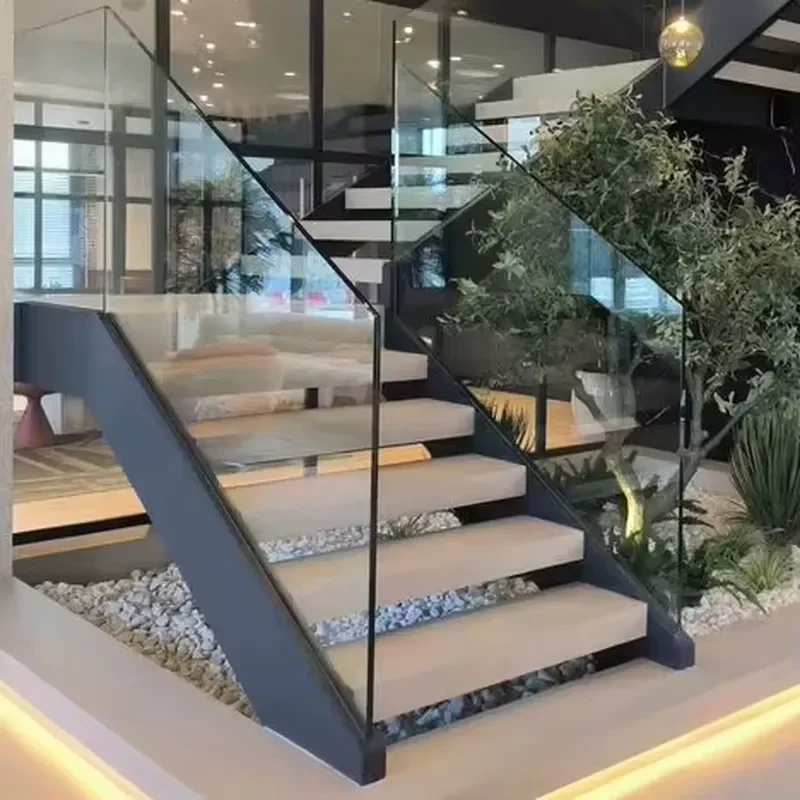 for Double Stringer Staircase with Wooden Steps and Crystal Clear Glass Round Bar Railing for Indoor Apartments and Villas