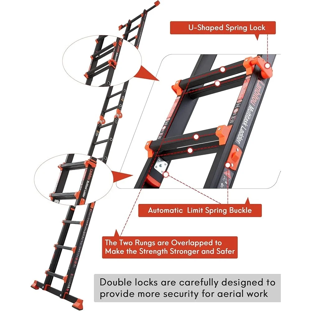 5-ступенчатая складная многопозиционная лестница, удлинитель рамы, 17 футов, противоскользящая, сверхмощная, емкость 330 фунтов, портативное хранилище