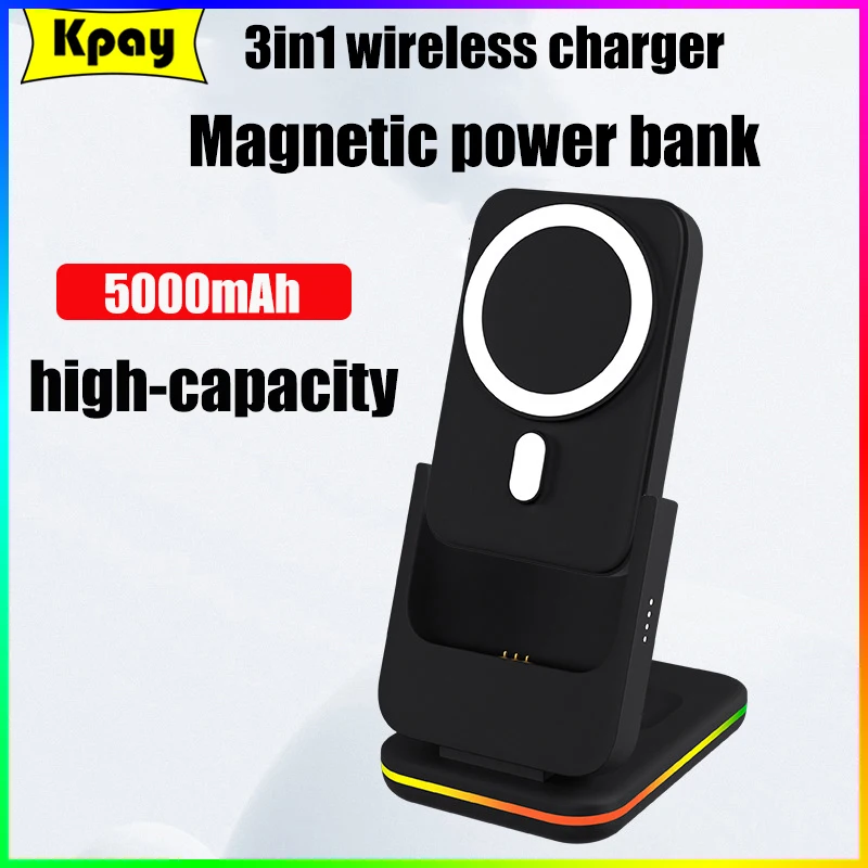 

MacSafe-3 in 1 Magnetic Power Bank, Wireless Charging Station for iPhone 15, 14, 13, 12, Watch, External Auxiliary Spare Battery