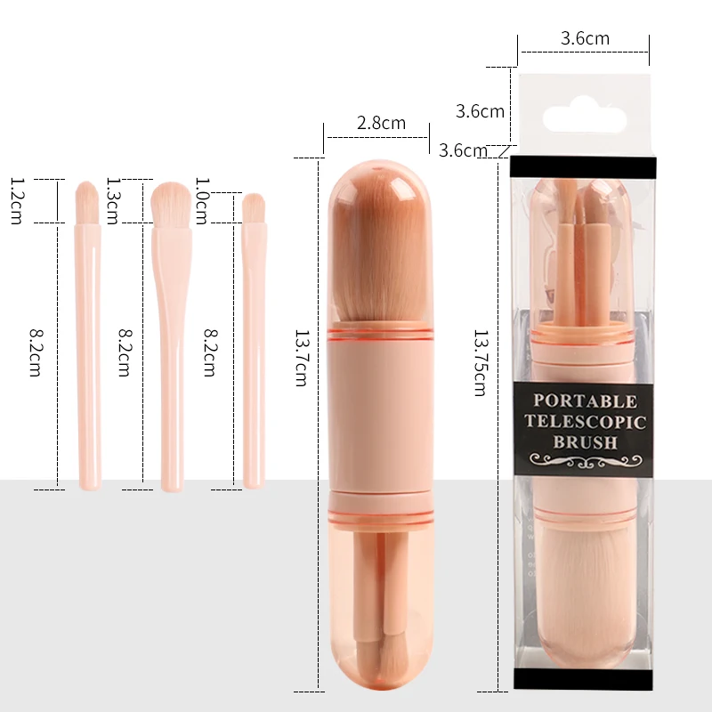 4-in-1 reismake-upborstelset Huidskleur Intrekbaar draagbaar schoonheidshulpmiddel Veganistisch synthetisch haar Hoogwaardig make-upaccessoire