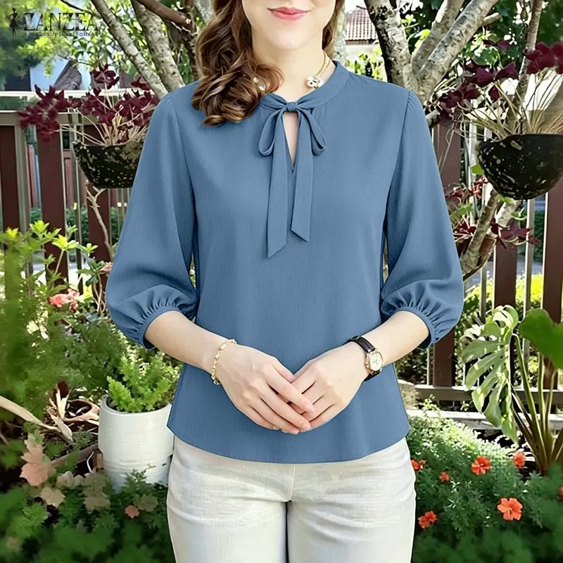 

Летняя однотонная блузка ZANZEA 2026: модный повседневный топ с круглым вырезом и коротким рукавом для женщин, элегантная офисная рубашка